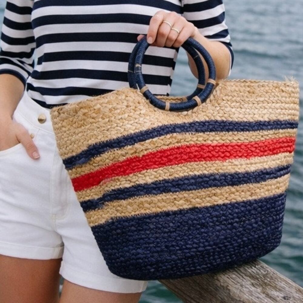 Magid Woven Jute Summer Beach Vacation Tote Large Bag Boho Earthy Tan Blue NWT